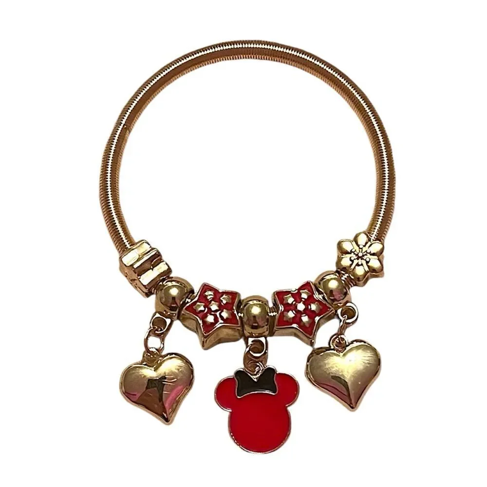 Red Minnie Mouse Heart Stretchy Gold Tone Charm Bracelet NWT